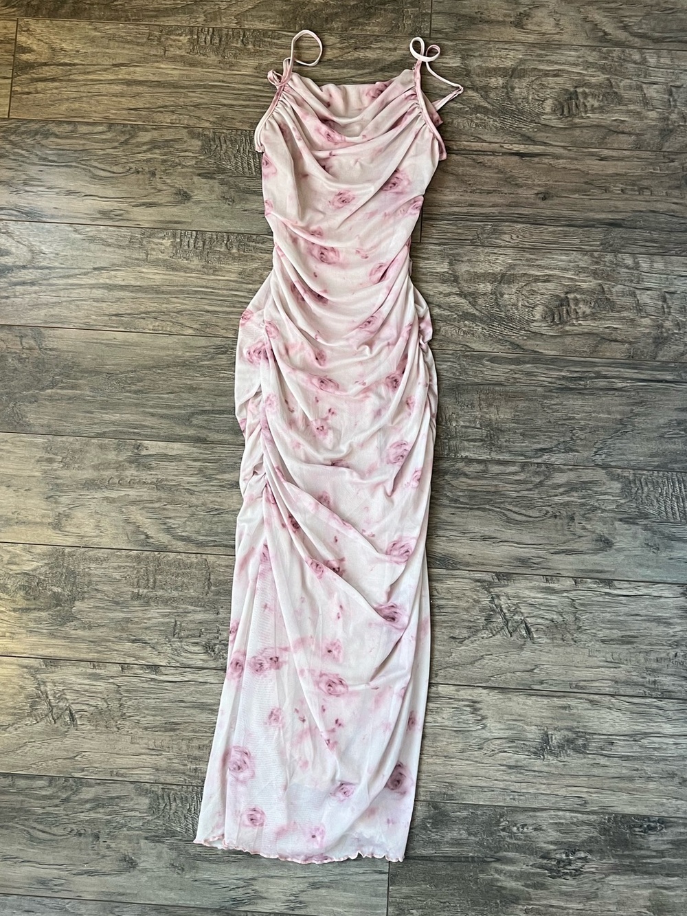 SHEIN Pink Floral Ruched Maxi Slip Dress